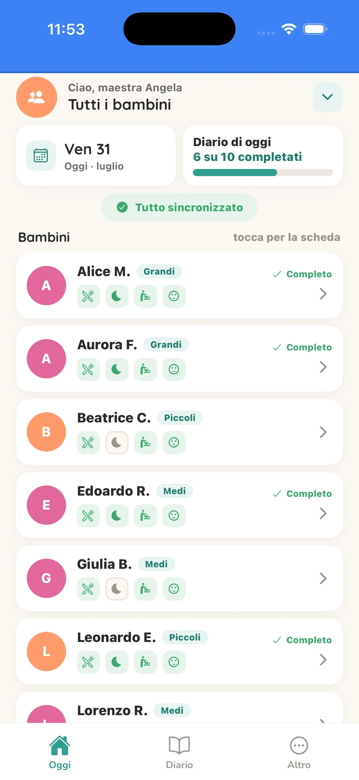 The educational staff app: today’s room with the diary filled in for six children out of ten