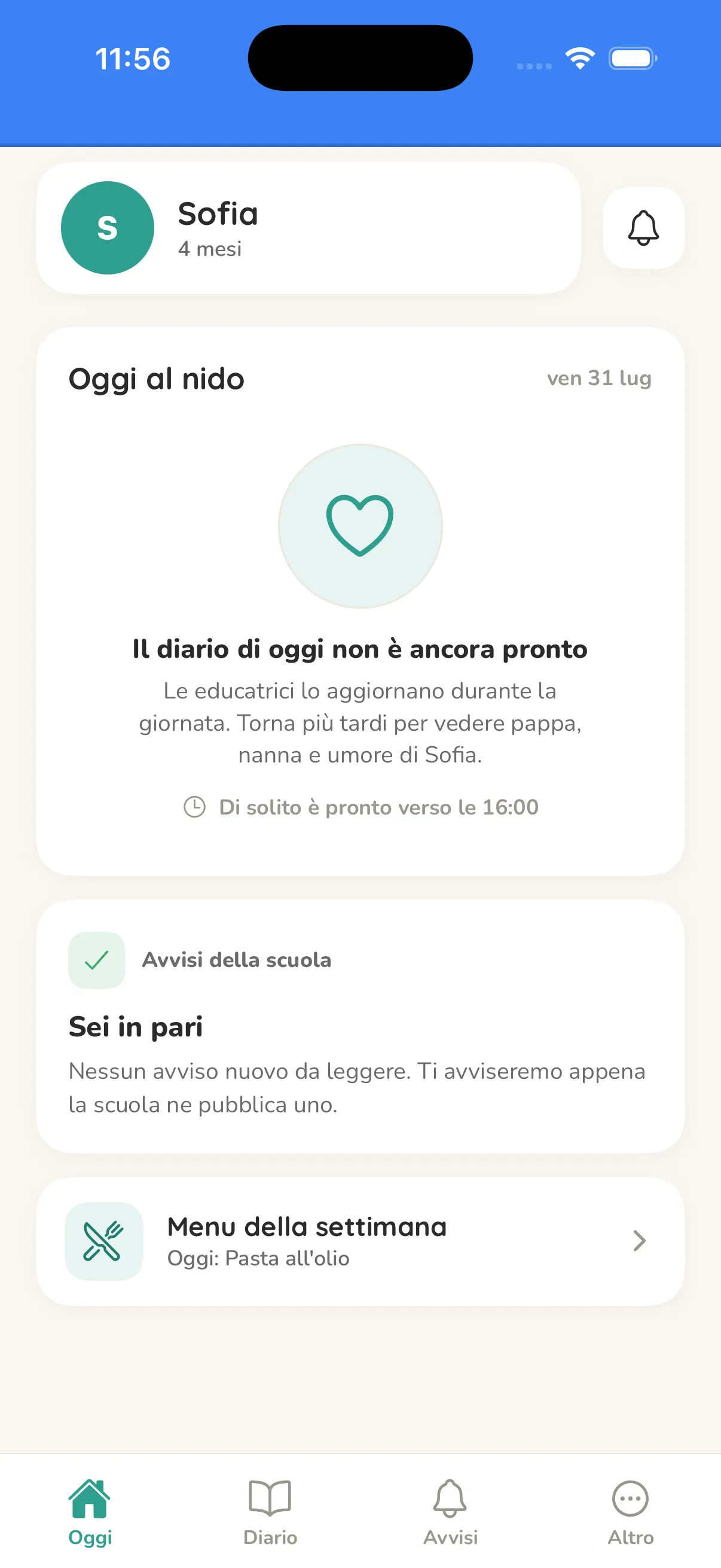 A child’s day in the parents’ app, with meals, naps and activities