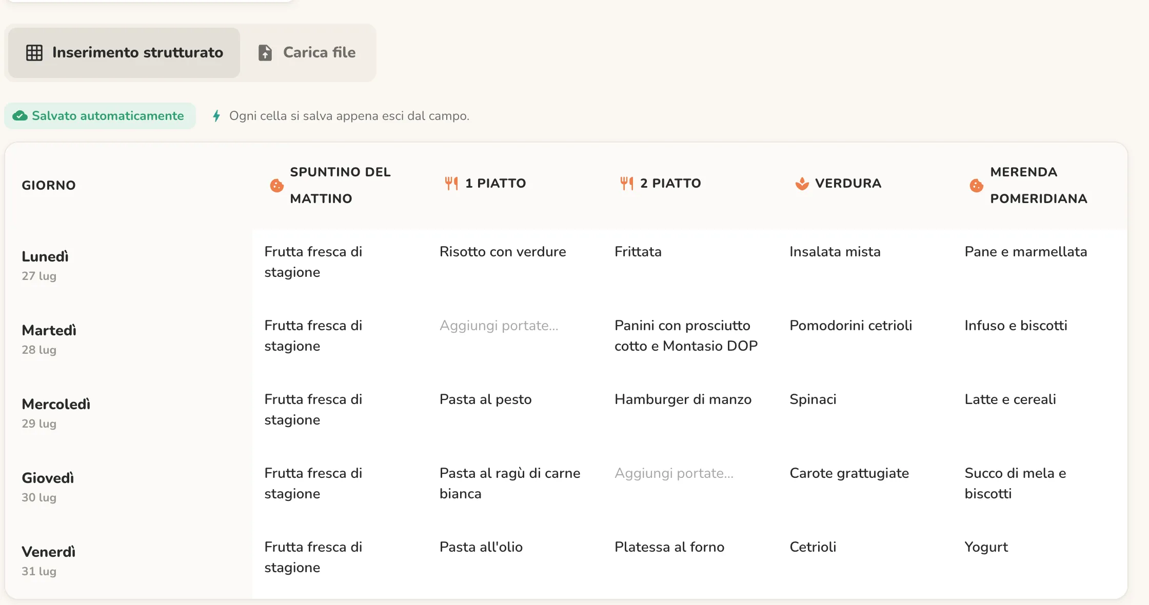 The weekly menu grid in the back office, from breakfast to afternoon snack
